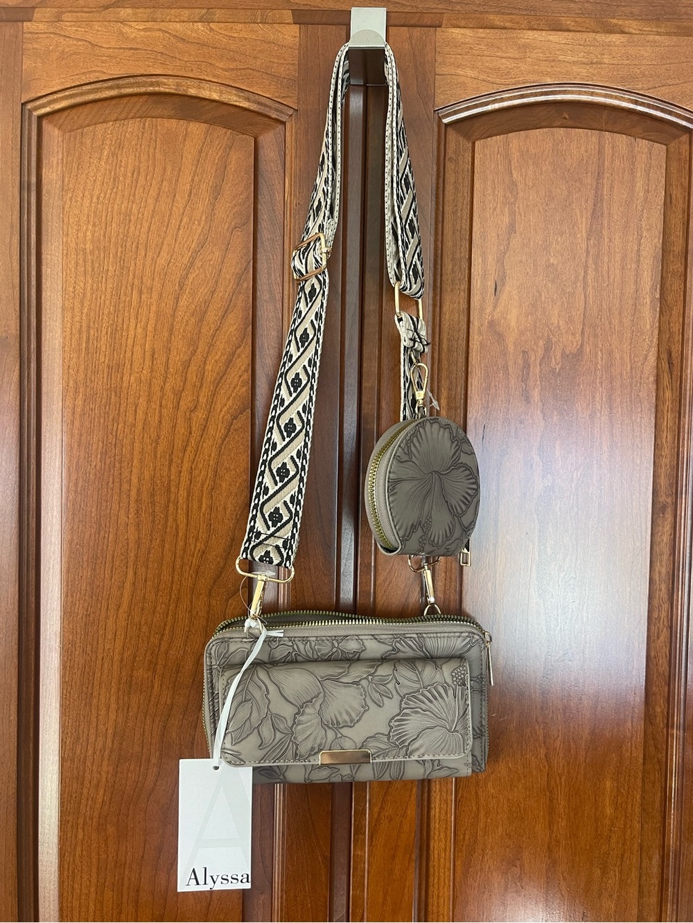 Alyssa Floral Embossed Crossbody Bag in Taupe with Patterned Strap
